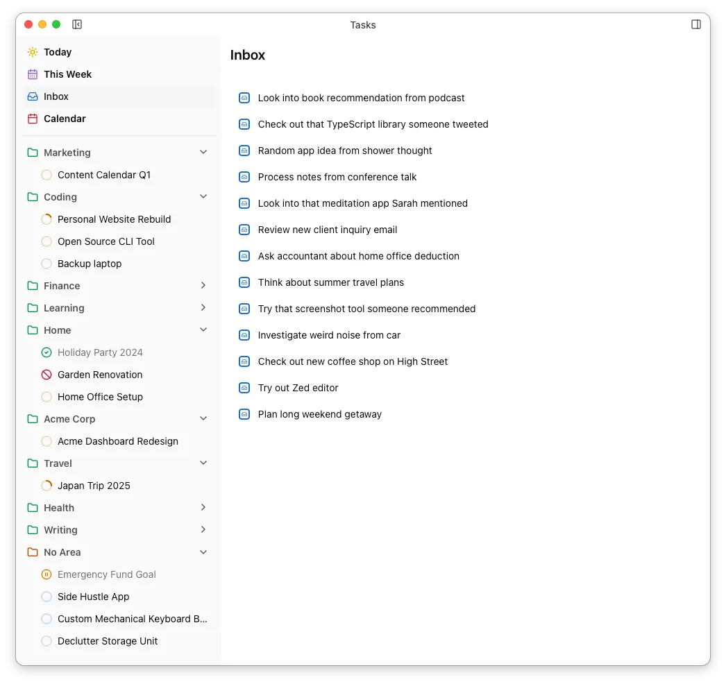 Left sidebar showing views and areas