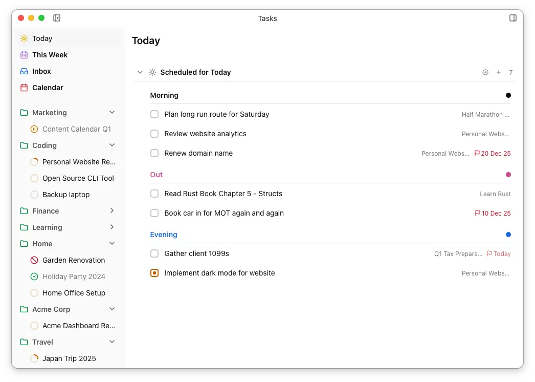 Today view with headings