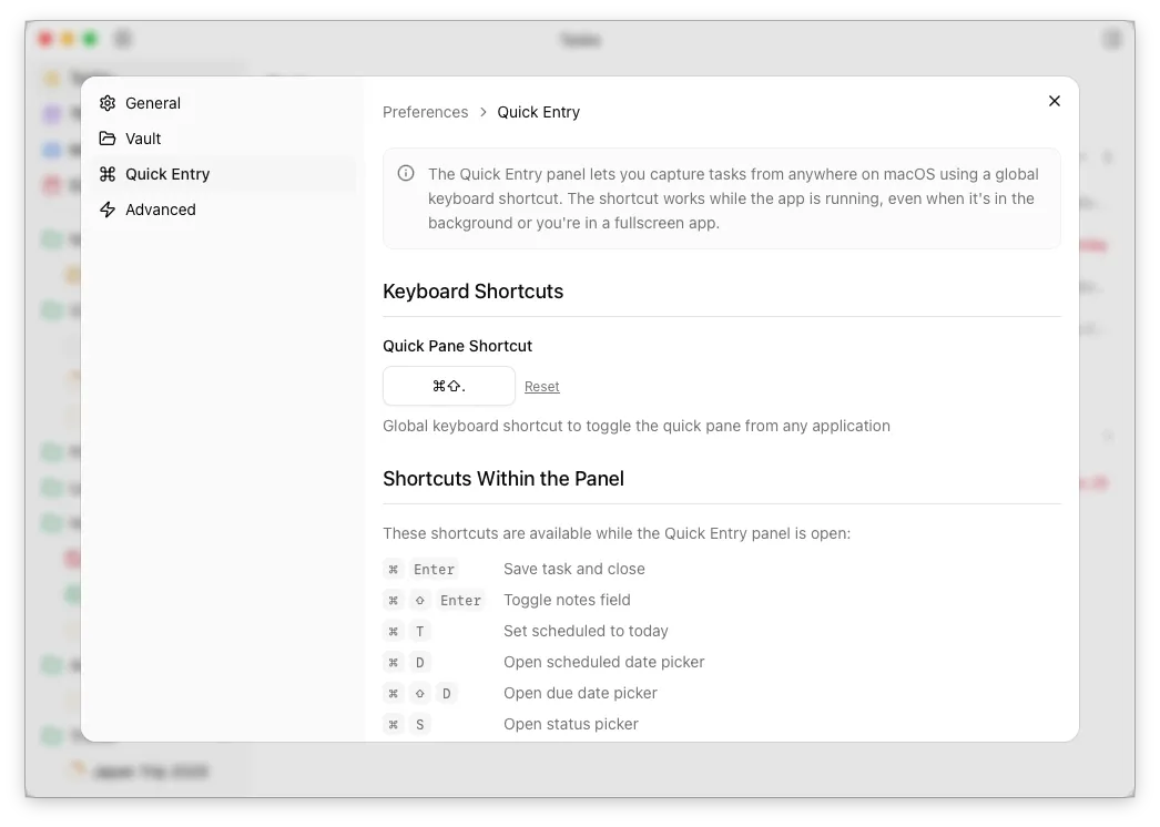 Quick Entry preferences pane