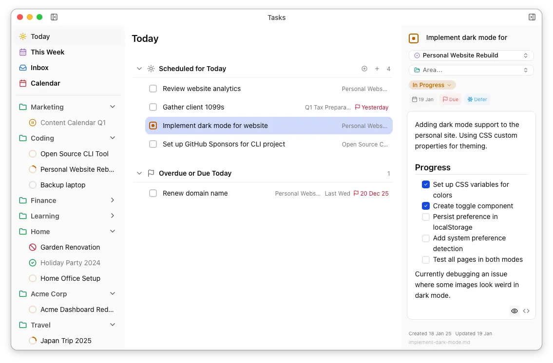 Selected task in list view