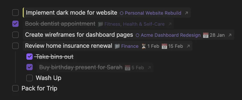 Taskdn tasks rendered as interactive widgets in Obsidian